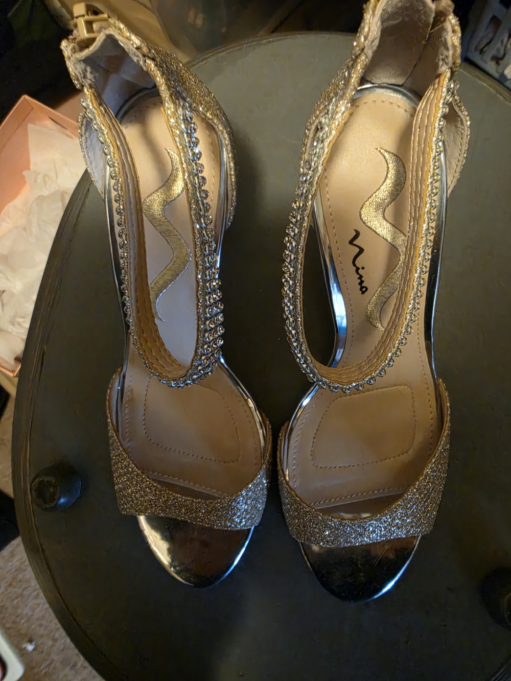 Nina Gold Glitter Crystal-Trim Open-Toe Stilettos